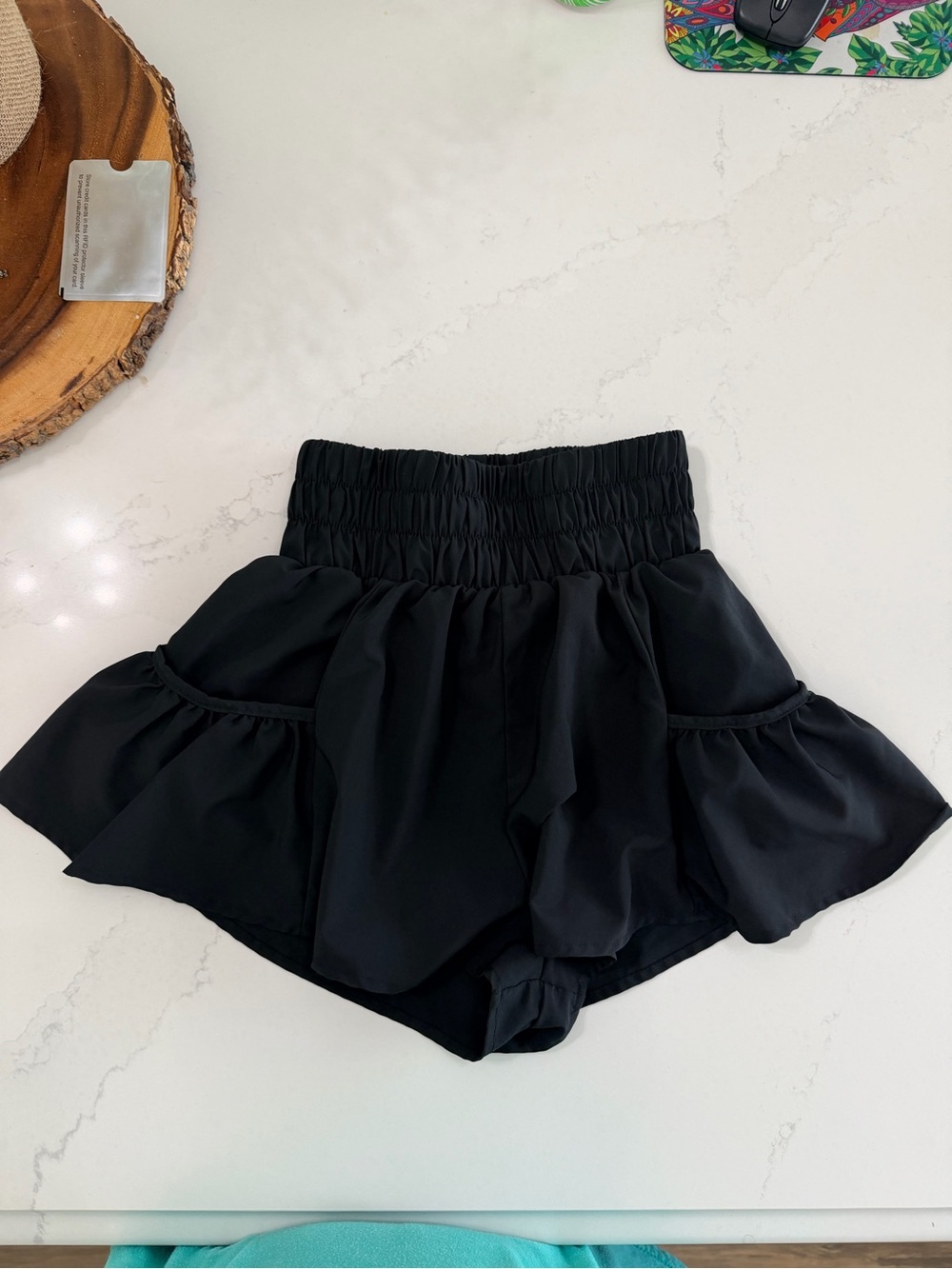 High-Waist Ruffle Flowy Women’s Shorts — Black